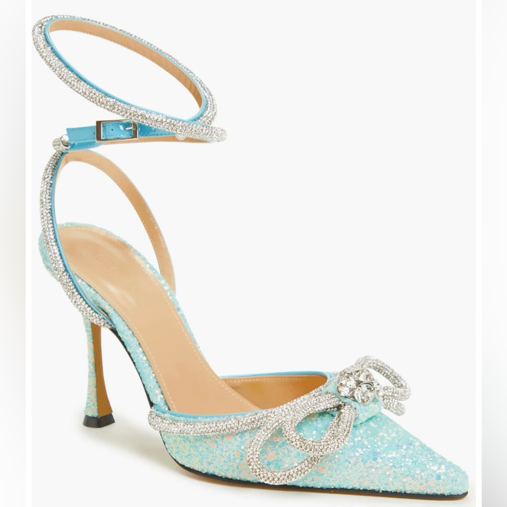 Mach & Mach Glitter Double Crystal Bow Pointed Toe Pump Size 39 Baby Blue